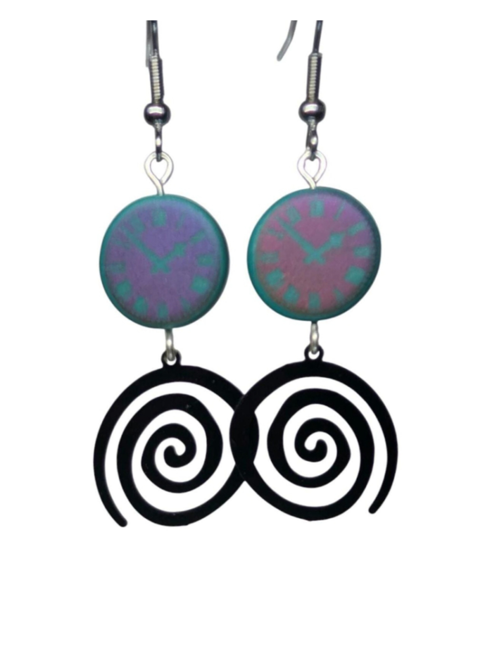 Time Travel Clock Earrings, Timey Wimey Jewelry, Czech Glass Clock Dangle - Picture 4 of 6